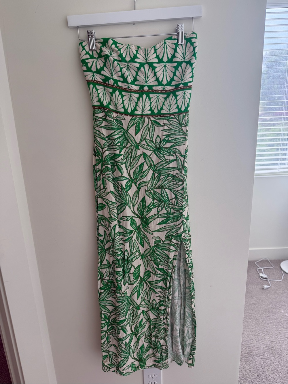 Zara Green and White Strapless Leaf-Print Maxi